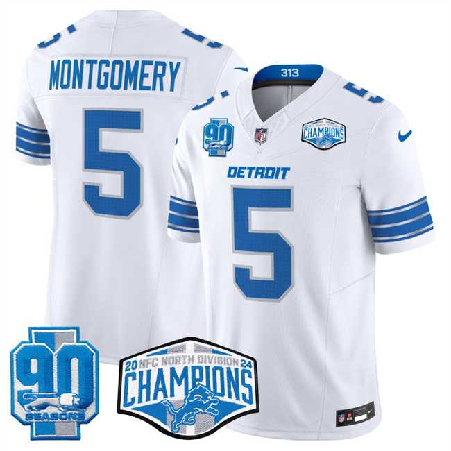 Men%27s Detroit Lions #5 David Montgomery White 2024 NFC North Champions 90th Anniversary Patch F.U.S.E. Vapor Limited Stitched Jersey
